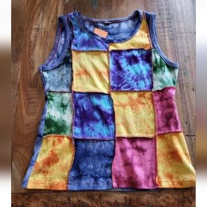 KPC K&P Craft Tie Dye Patchwork Tank Top Womens Large 100% Wool Made In Nepal